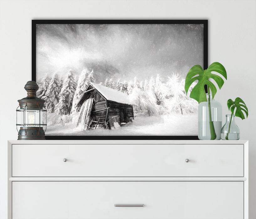 Holzhütte im Schnee, Poster mit Bilderrahmen