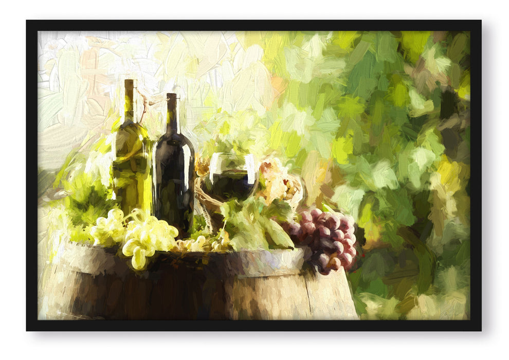 Wein mit Weintrauben auf Fass, Poster mit Bilderrahmen