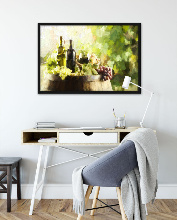 Wein mit Weintrauben auf Fass, Poster mit Bilderrahmen