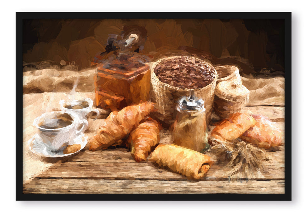 Pixxprint Aromatischer Kaffee mit Croissant, Poster mit Bilderrahmen