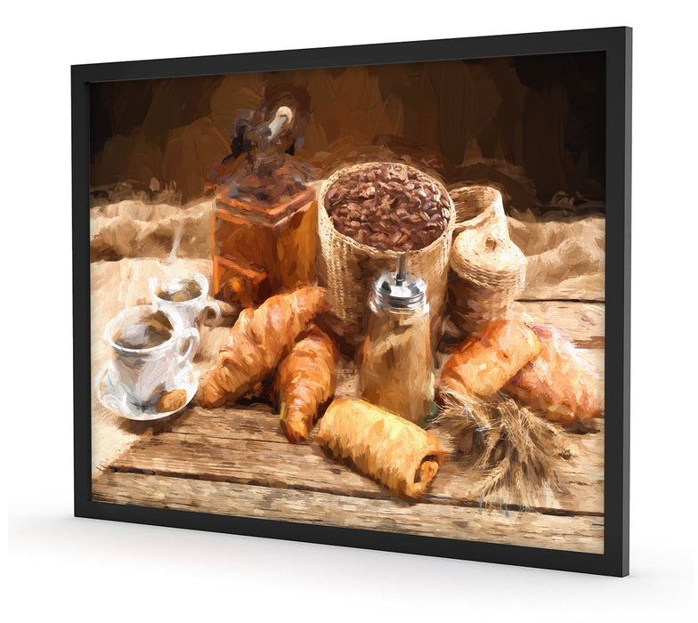 Aromatischer Kaffee mit Croissant, Poster mit Bilderrahmen