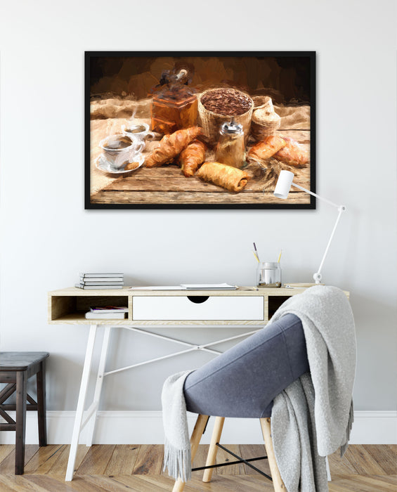 Aromatischer Kaffee mit Croissant, Poster mit Bilderrahmen