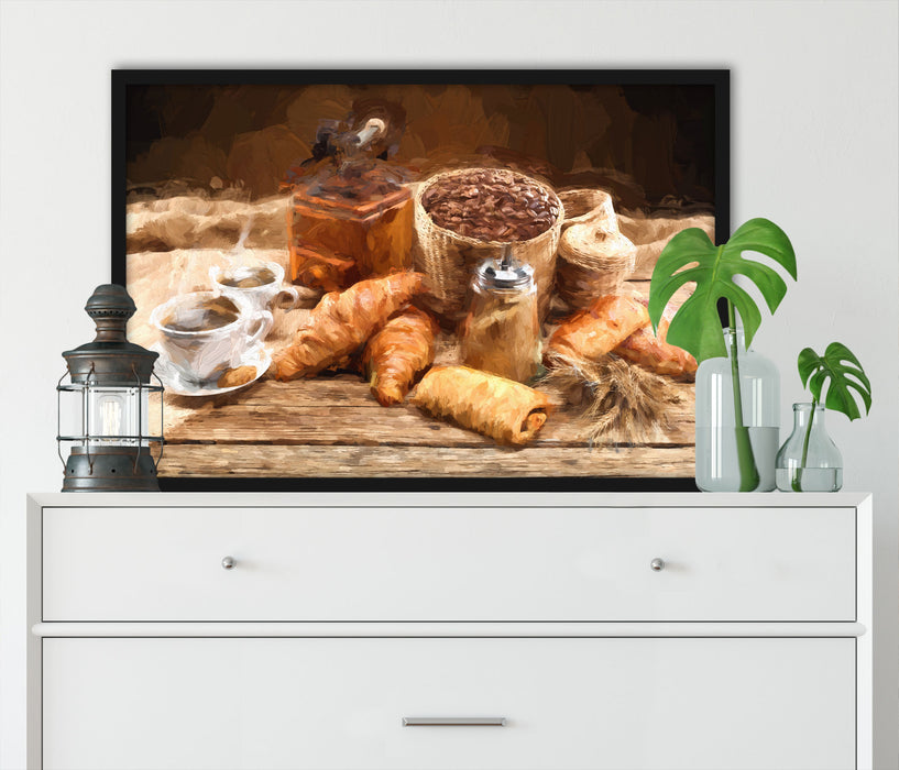 Aromatischer Kaffee mit Croissant, Poster mit Bilderrahmen