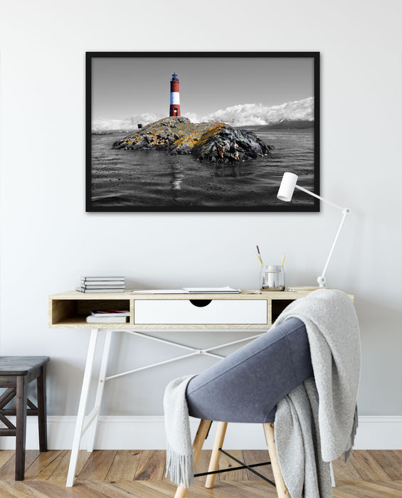 Leuchtturm mit Robben, Poster mit Bilderrahmen