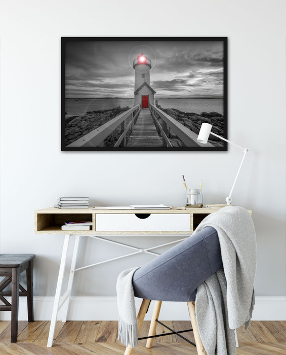 Leuchtturm bei Sonnenuntergang, Poster mit Bilderrahmen