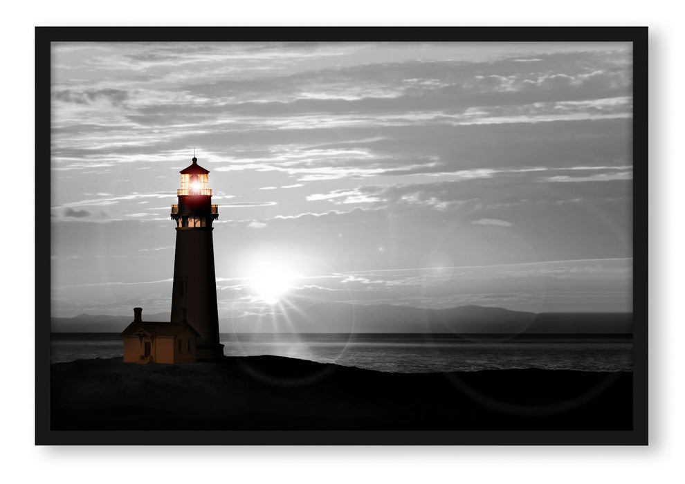 Leuchtturm im Sonnenuntergang, Poster mit Bilderrahmen