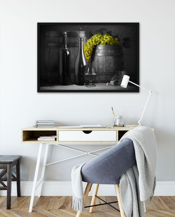 Fässer mit Weintrauben und Wein, Poster mit Bilderrahmen