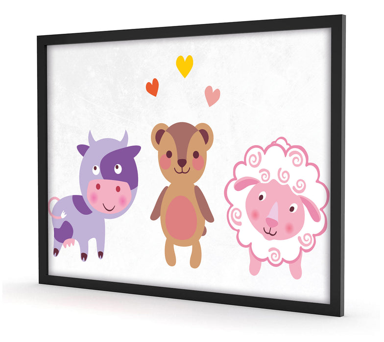 Kuh Teddy und Schaf, Poster mit Bilderrahmen