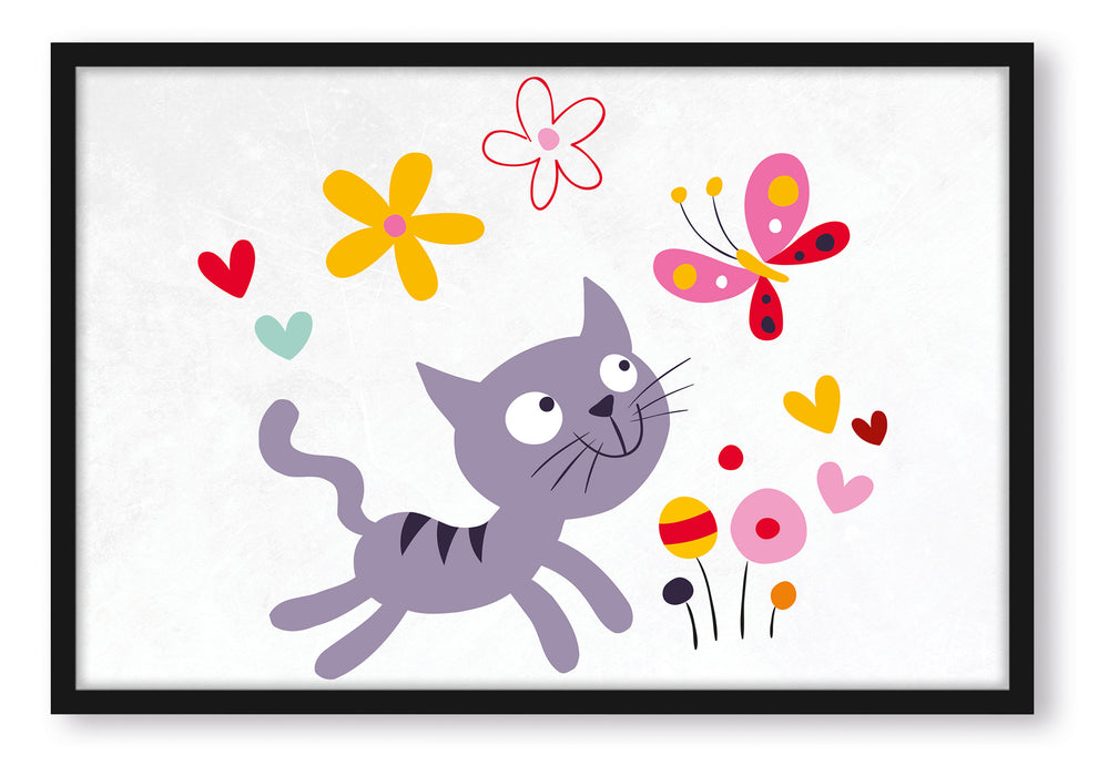 Katze mit Schmetterling und Blumen, Poster mit Bilderrahmen