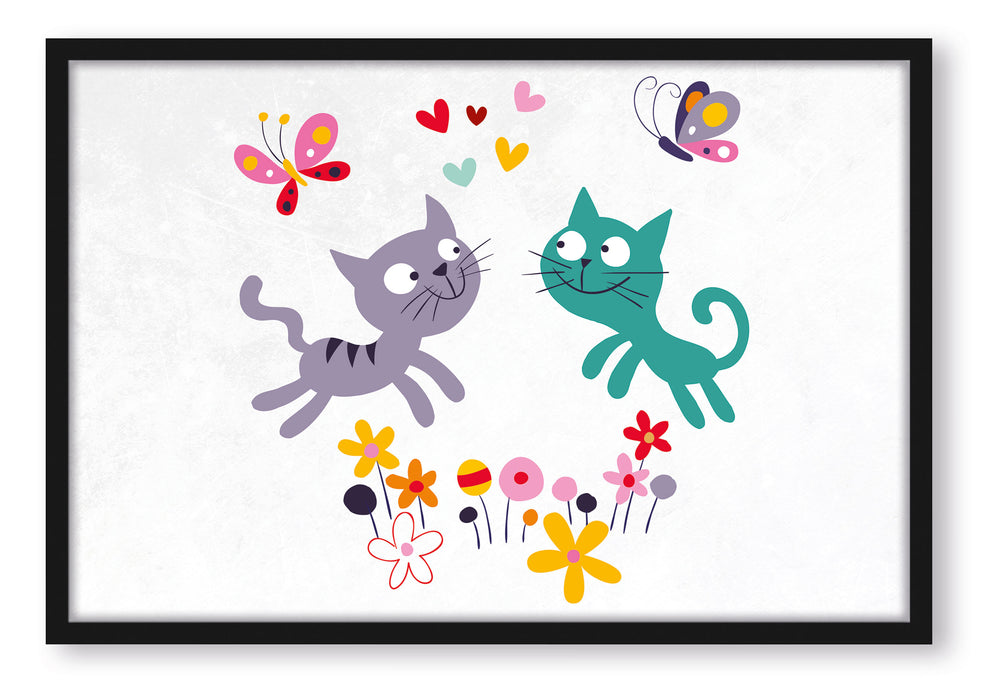 Pixxprint fröhlich und spielende Kätzchen, Poster mit Bilderrahmen