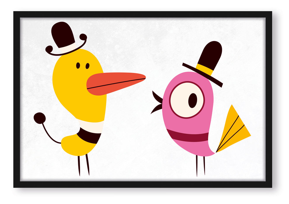 Pixxprint lustige Vögel mit Hüten, Poster mit Bilderrahmen