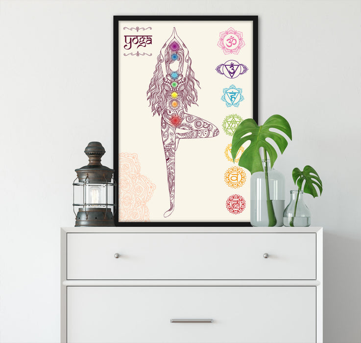 Yogafigur in der Tree Pose, Poster mit Bilderrahmen