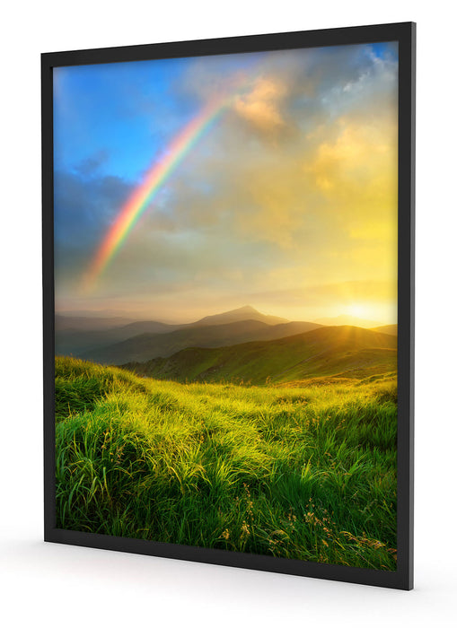 Berge mit Regenbogen am Himmel, Poster mit Bilderrahmen