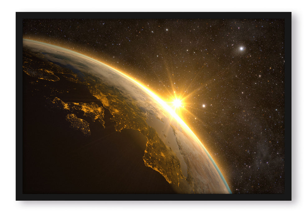 Die Sonne und Erde im Weltall, Poster mit Bilderrahmen