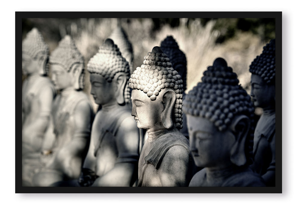 Pixxprint Buddha-Statuen in einer Reihe, Poster mit Bilderrahmen