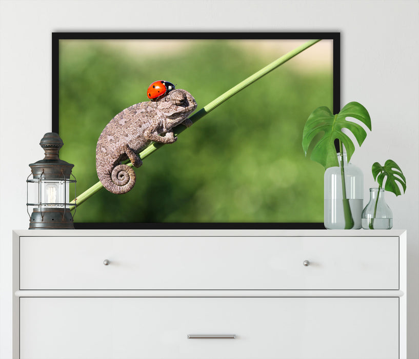 Süßer Gecko mit einem Marienkäfer, Poster mit Bilderrahmen