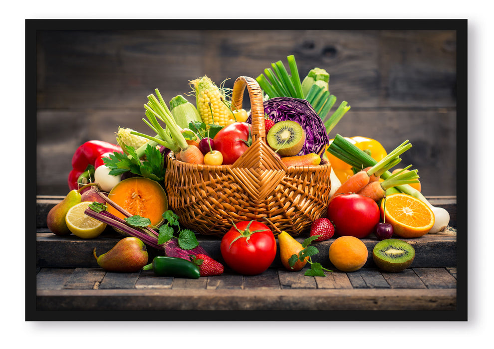 Pixxprint Frisches Obst und Gemüse im Korb, Poster mit Bilderrahmen