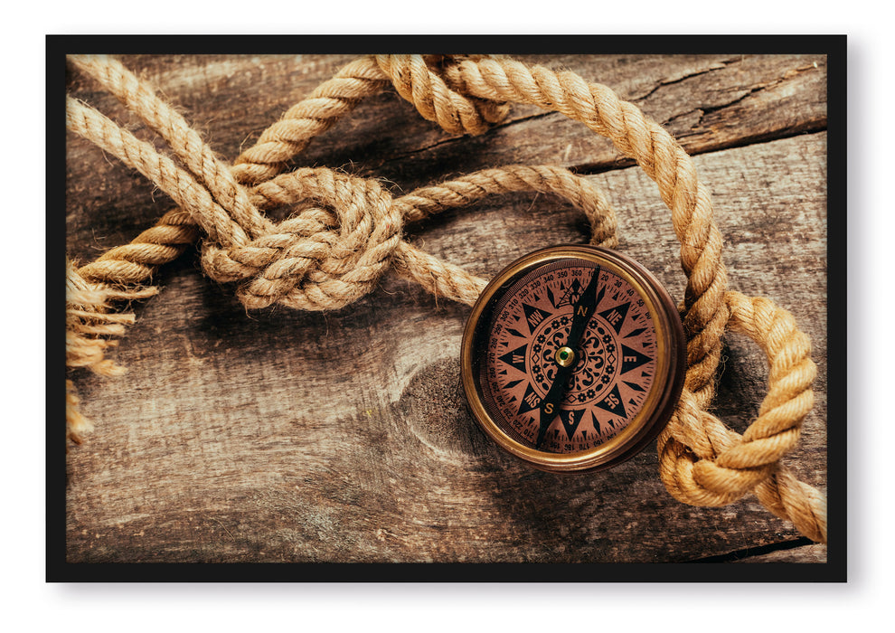 Pixxprint Schiffseil und Kompass, Poster mit Bilderrahmen