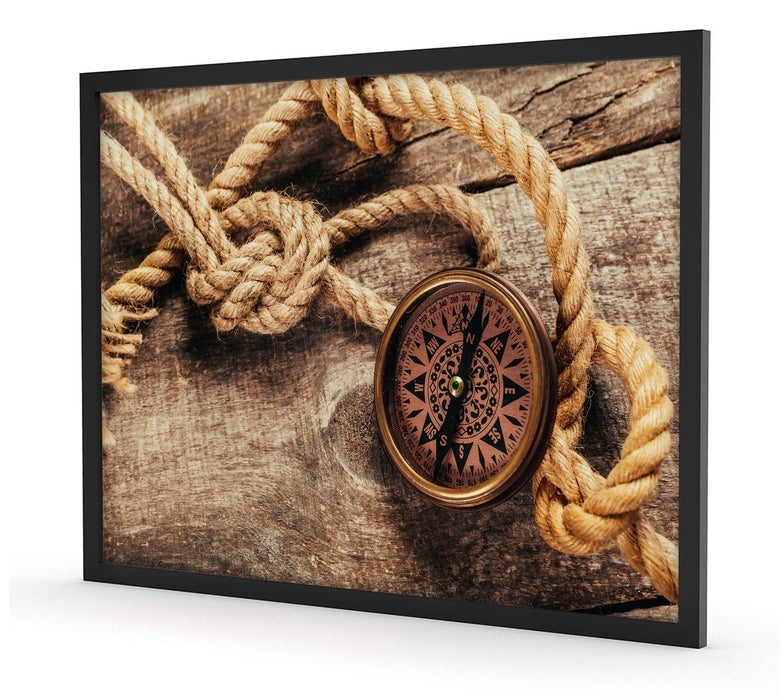 Schiffseil und Kompass, Poster mit Bilderrahmen