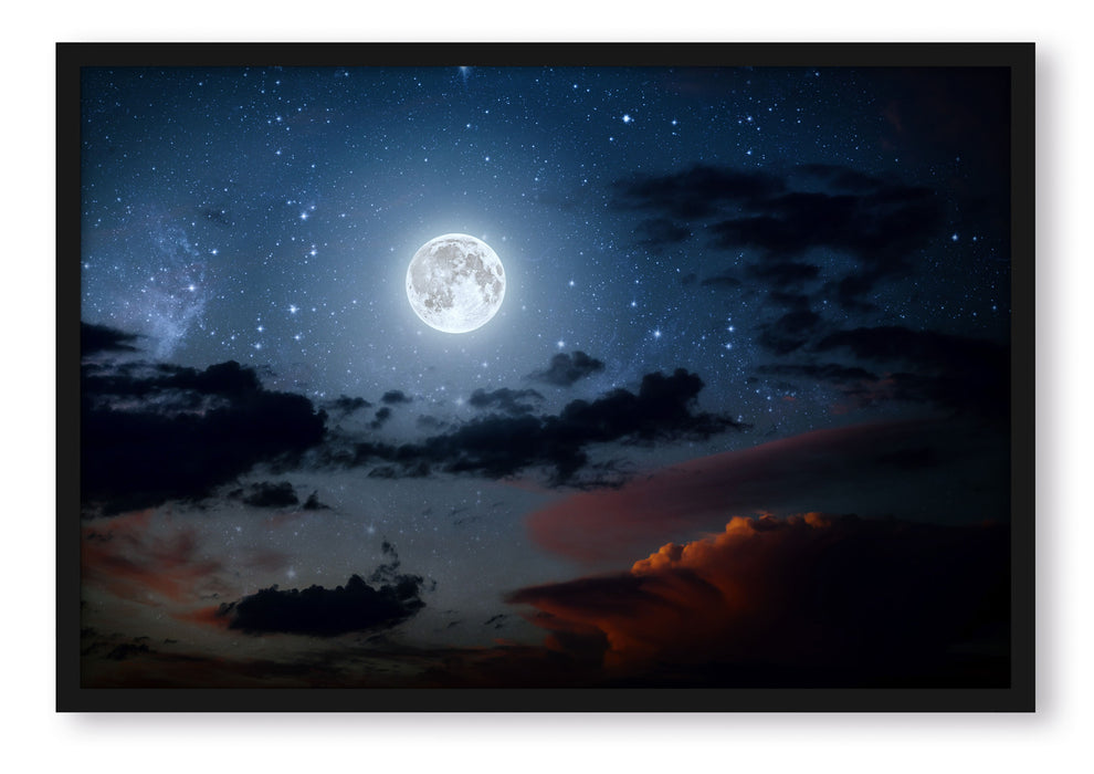 Pixxprint Leuchtender Mond am Nachthimmel, Poster mit Bilderrahmen