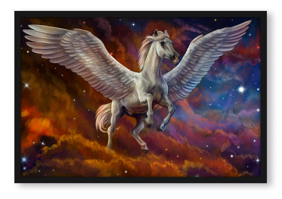 Pixxprint Weißer Pegasus mit Engelsflügel, Poster mit Bilderrahmen