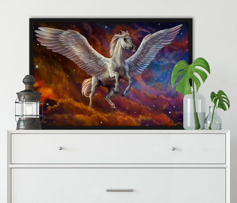 Weißer Pegasus mit Engelsflügel, Poster mit Bilderrahmen