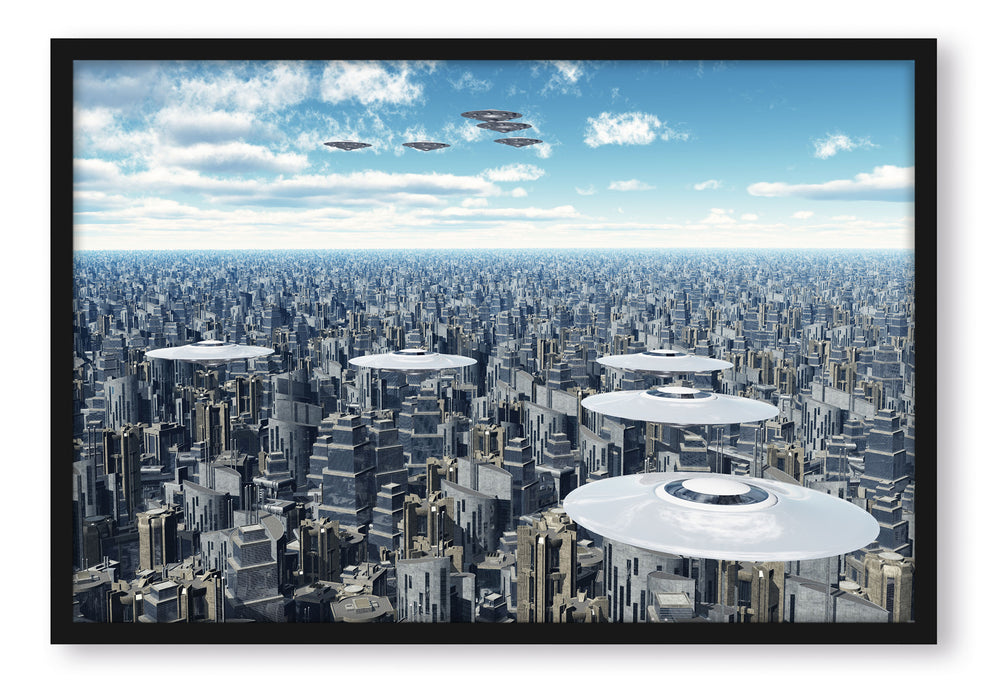 Pixxprint Ufo´s über der Stadt, Poster mit Bilderrahmen