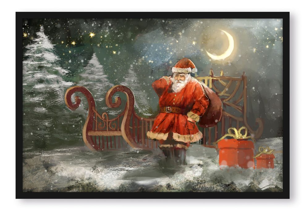 Weihnachtsmann mit Geschenken, Poster mit Bilderrahmen