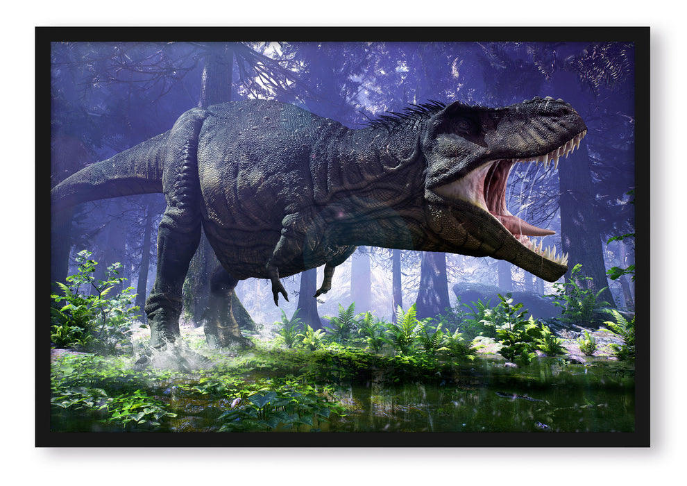T-Rex Dinosaurier im Wald, Poster mit Bilderrahmen