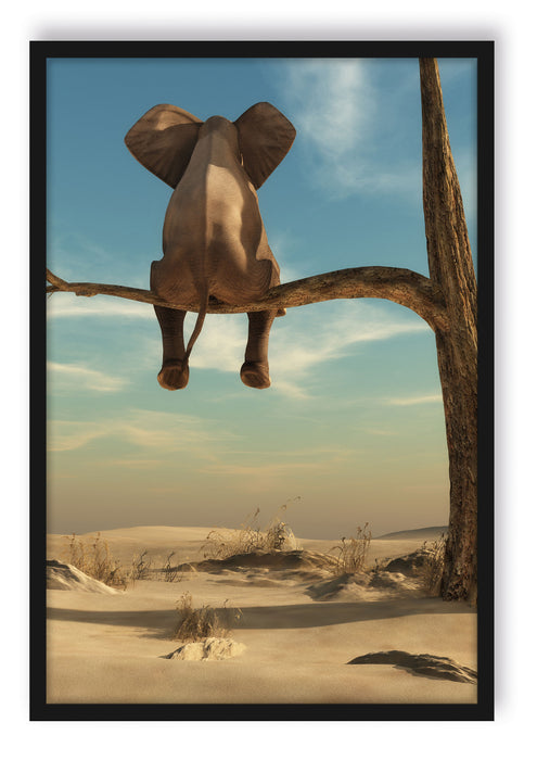Pixxprint Elefant auf einem Ast in der Wüste, Poster mit Bilderrahmen