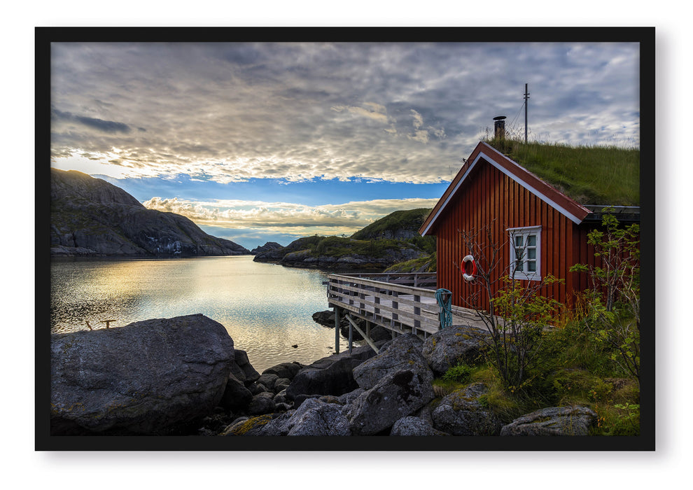 Pixxprint Sonnenaufgang am Fjord Norwegens, Poster mit Bilderrahmen