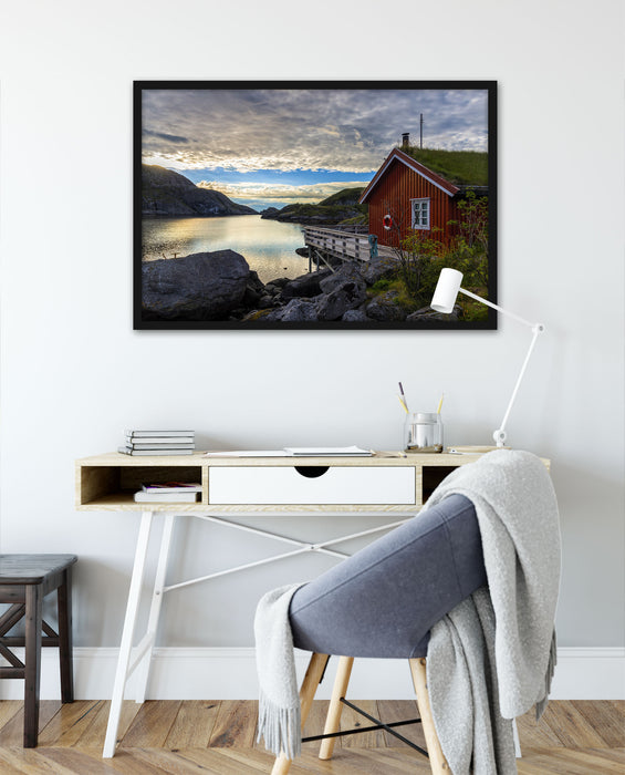 Sonnenaufgang am Fjord Norwegens, Poster mit Bilderrahmen