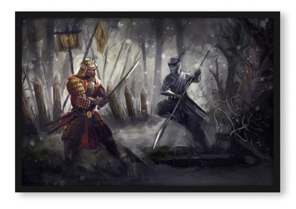 Pixxprint Kampf zwischen Samurai und Ninja, Poster mit Bilderrahmen