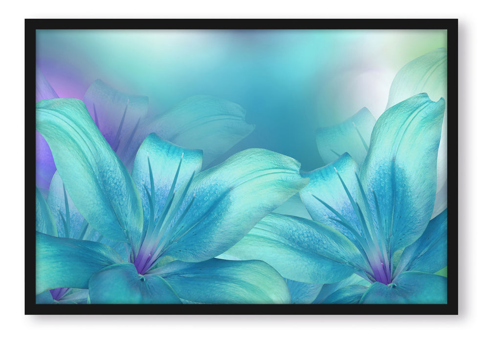 Pixxprint türkise Lilien, Poster mit Bilderrahmen