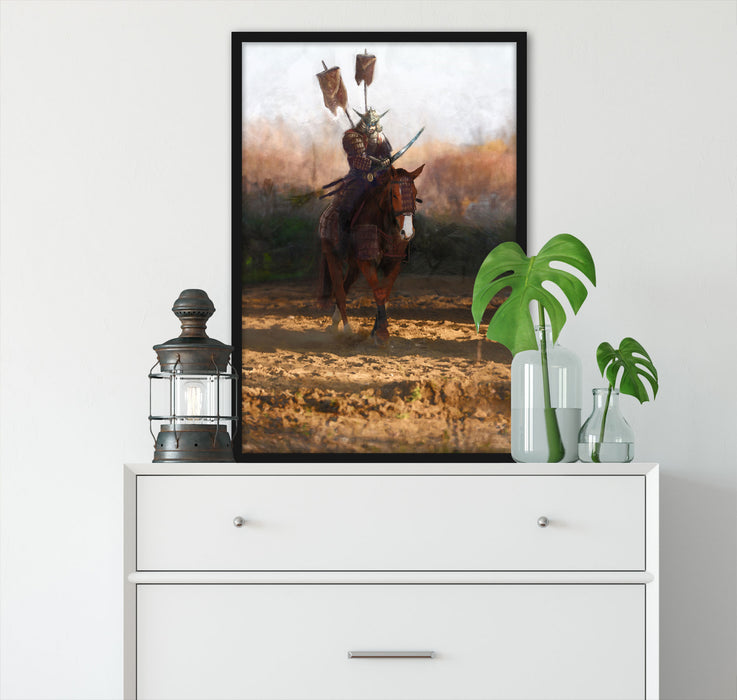 Samurai Krieger auf einem Pferd, Poster mit Bilderrahmen