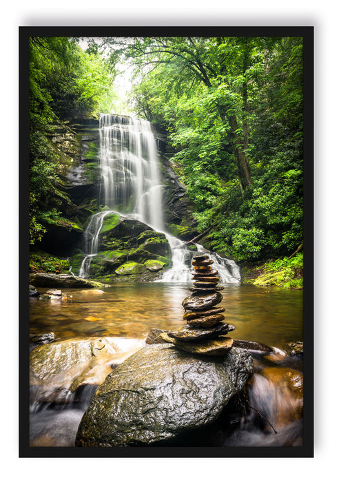 Pixxprint Zen Steine vor Wasserfall, Poster mit Bilderrahmen