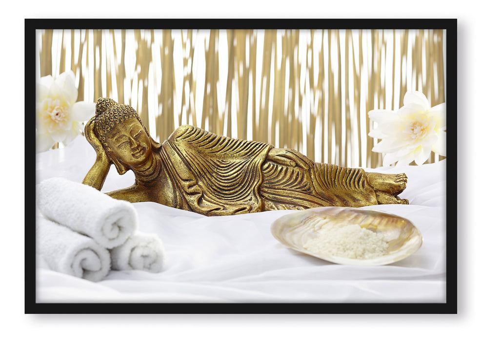 goldener Buddha auf Handtuch, Poster mit Bilderrahmen