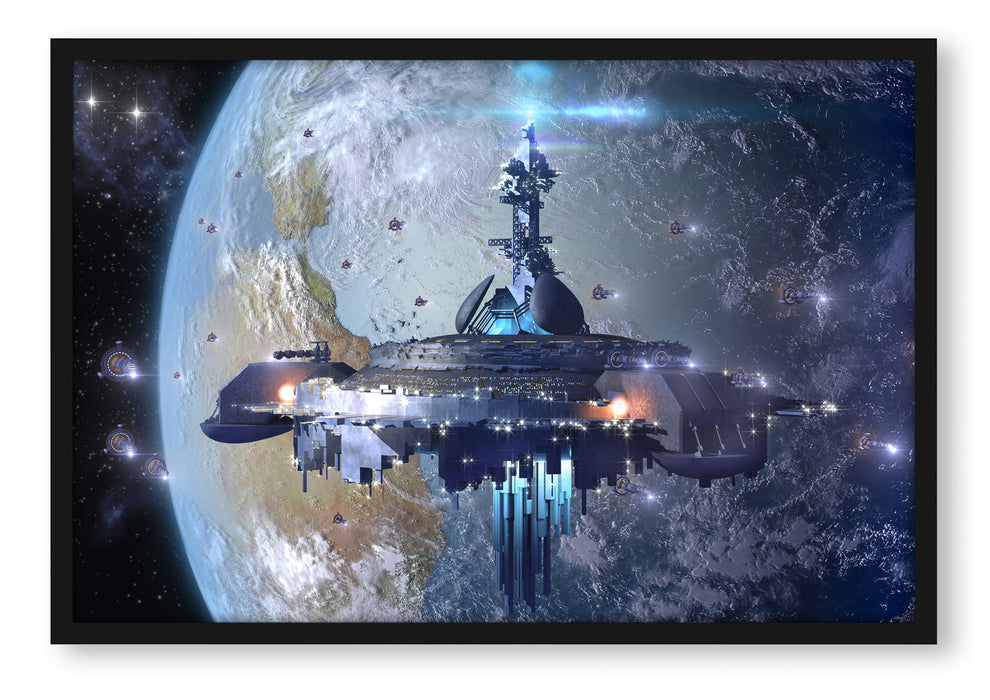 Raumschiff vor der Erde, Poster mit Bilderrahmen