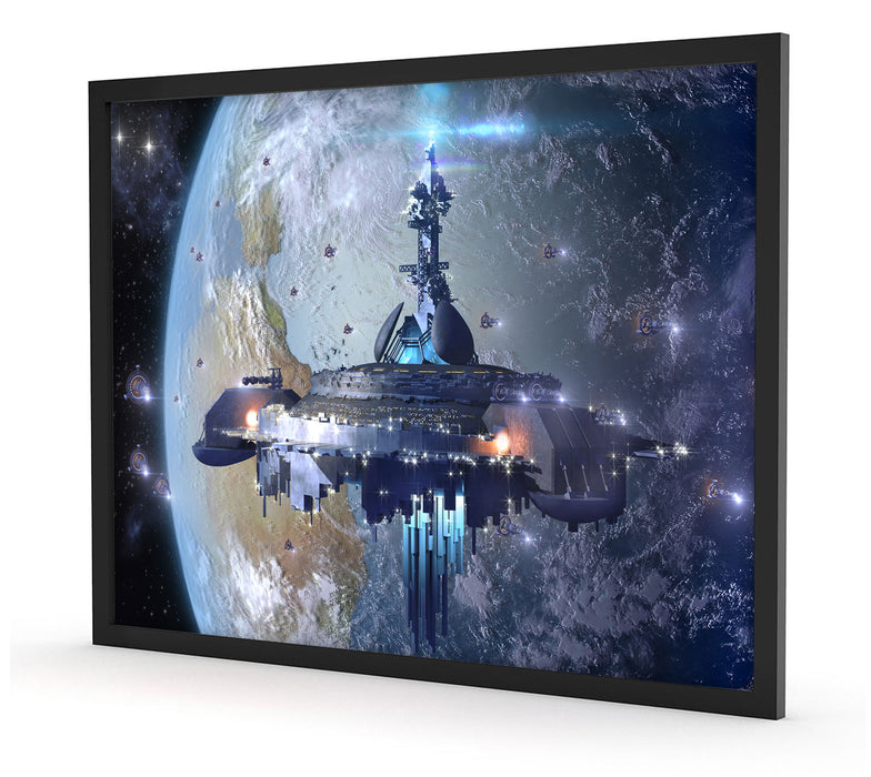 Raumschiff vor der Erde, Poster mit Bilderrahmen