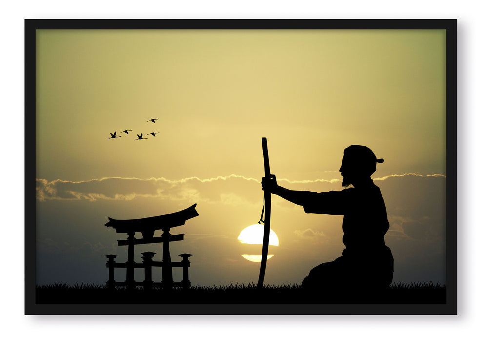 Pixxprint Samurai-Meister vor Horizont, Poster mit Bilderrahmen