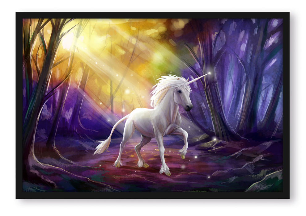 Pixxprint Einhorn im Märchenwald, Poster mit Bilderrahmen