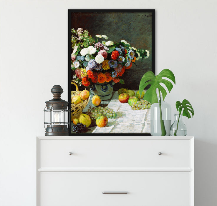 Claude Monet - Stillleben mit Blumen und Früchten, Poster mit Bilderrahmen