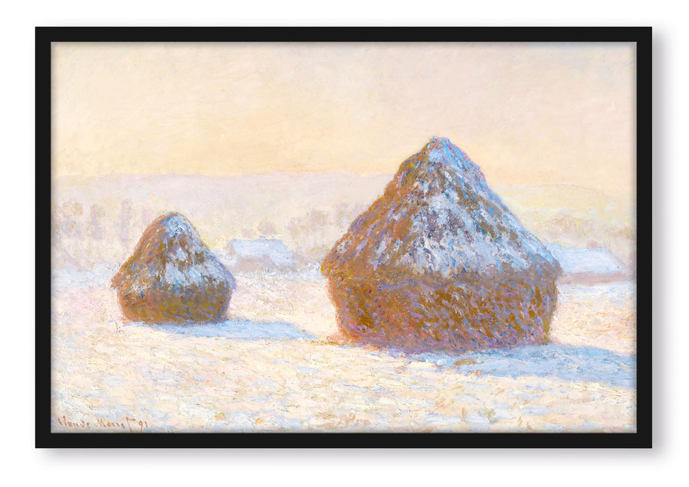 Pixxprint Claude Monet - Heuschober am Morgen Schneeeffekt, Poster mit Bilderrahmen