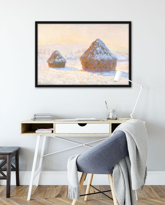 Claude Monet - Heuschober am Morgen Schneeeffekt, Poster mit Bilderrahmen