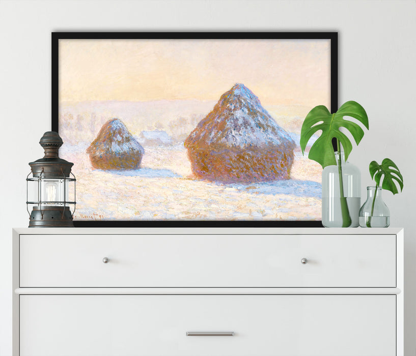 Claude Monet - Heuschober am Morgen Schneeeffekt, Poster mit Bilderrahmen
