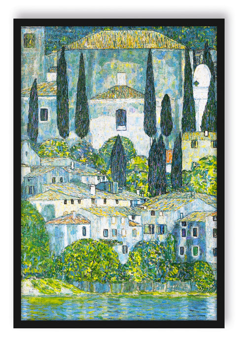 Pixxprint Gustav Klimt - Kirche in Cassone Landschaft mit Zypressen, Poster mit Bilderrahmen