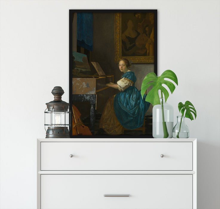 Johannes Vermeer - Sitzende Virginal Spielerin, Poster mit Bilderrahmen