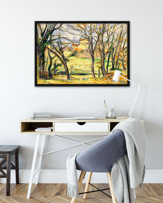 Paul Cézanne  - Bäume und Häuser nahe des Jas de Bouff, Poster mit Bilderrahmen