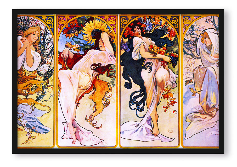 Pixxprint Alfons Mucha - Vier Jahreszeiten , Poster mit Bilderrahmen