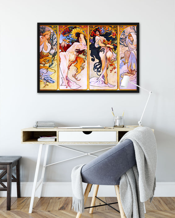Alfons Mucha - Vier Jahreszeiten , Poster mit Bilderrahmen